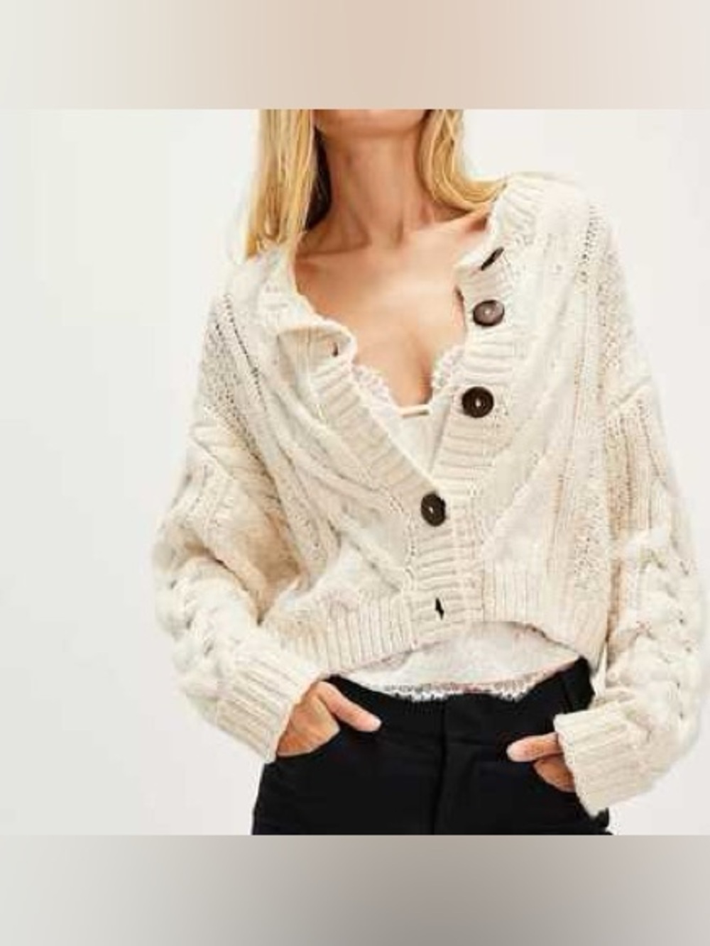 Free People Bonfire Cable Knit Cardi Cream Chunky Cardigan Natural Fiber Cotton - Picture 2 of 11